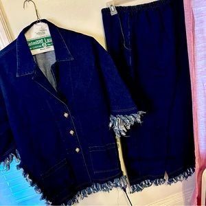 Beautiful, never worn. Two-piece Jean pants suit. Hundred percent cotton